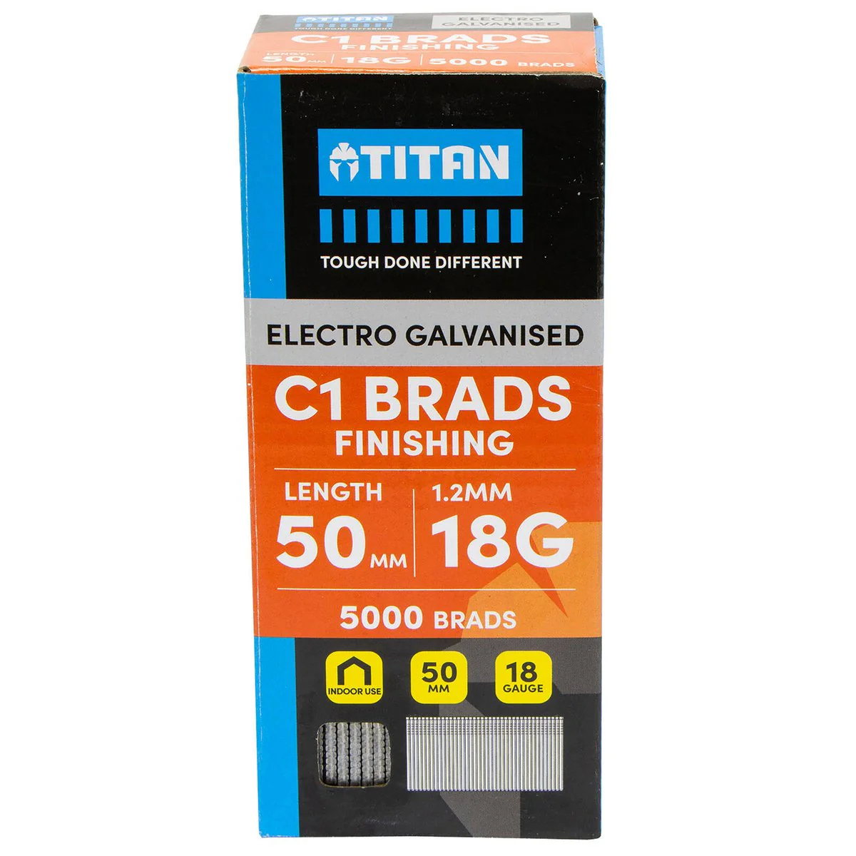 Titan 50mm Electro Galvanised Straight Collated Nail C1 Brads Pack 5000 - 1.25mm Diameter - Durable Fasteners for Woodworking