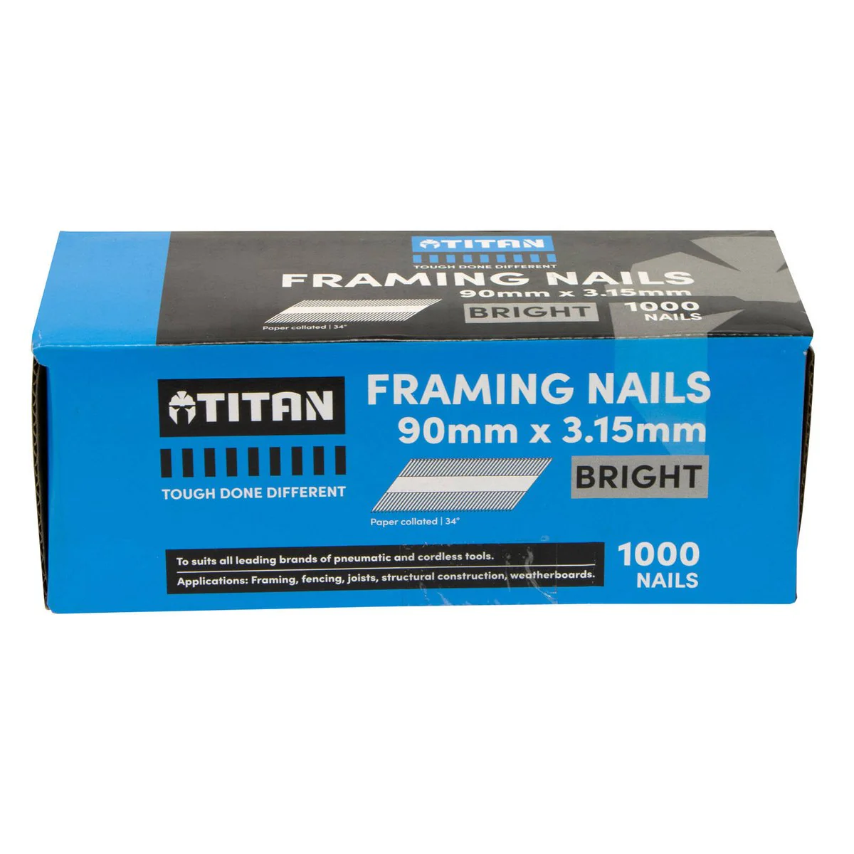 Titan 90mm Bright Steel Collated Framing Nails - Box of 1000 - Durable