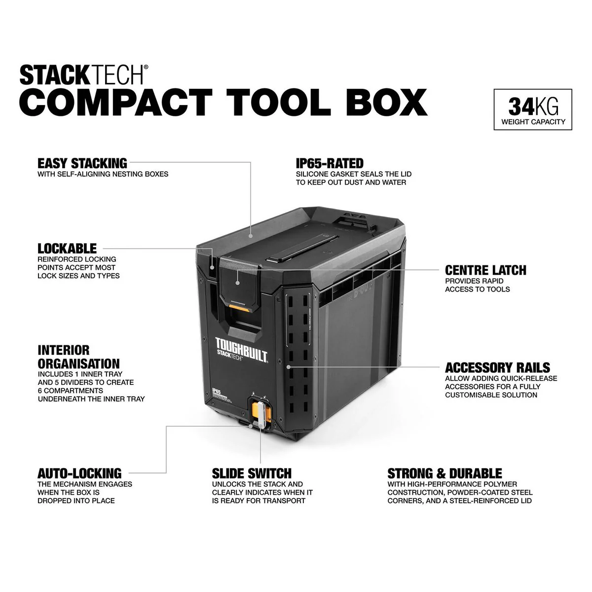 Toughbuilt Stacktech Compact Tool Box - 410mm x 345mm x 265mm - Durable Storage Solution - Image 5