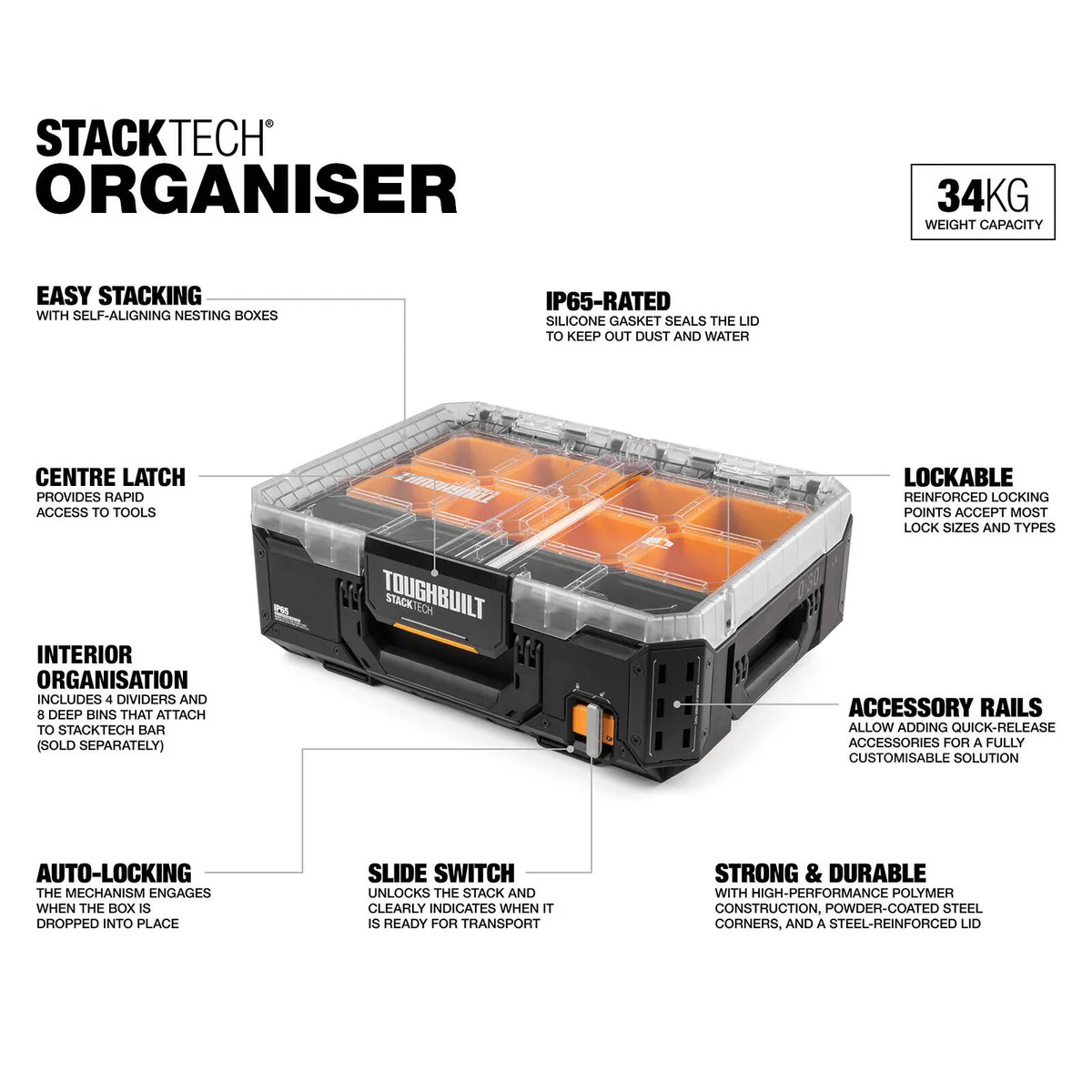 Toughbuilt Stacktech Organiser - 8 Deep Bins - 410mm x 185mm x 530mm - Durable Storage Solution - Image 5
