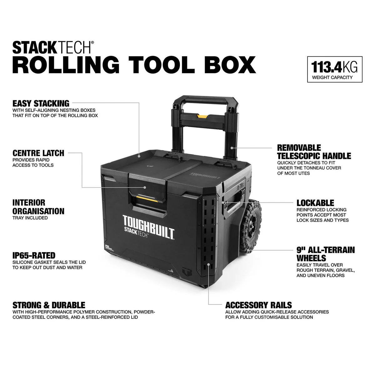 Toughbuilt Stacktech Rolling Tool Box - 500mm x 665mm x 560mm - Durable Storage Solution - Image 5