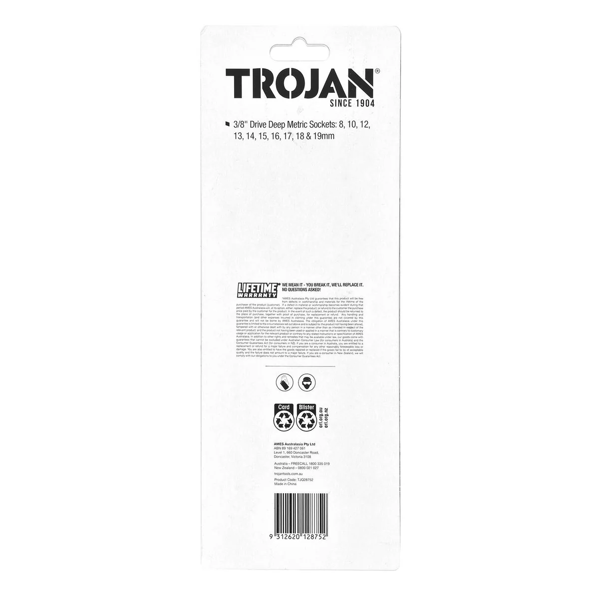 Trojan 10 Piece Deep Socket Set - 3/8" Drive - Chrome Vanadium - 8mm to 19mm - Image 4
