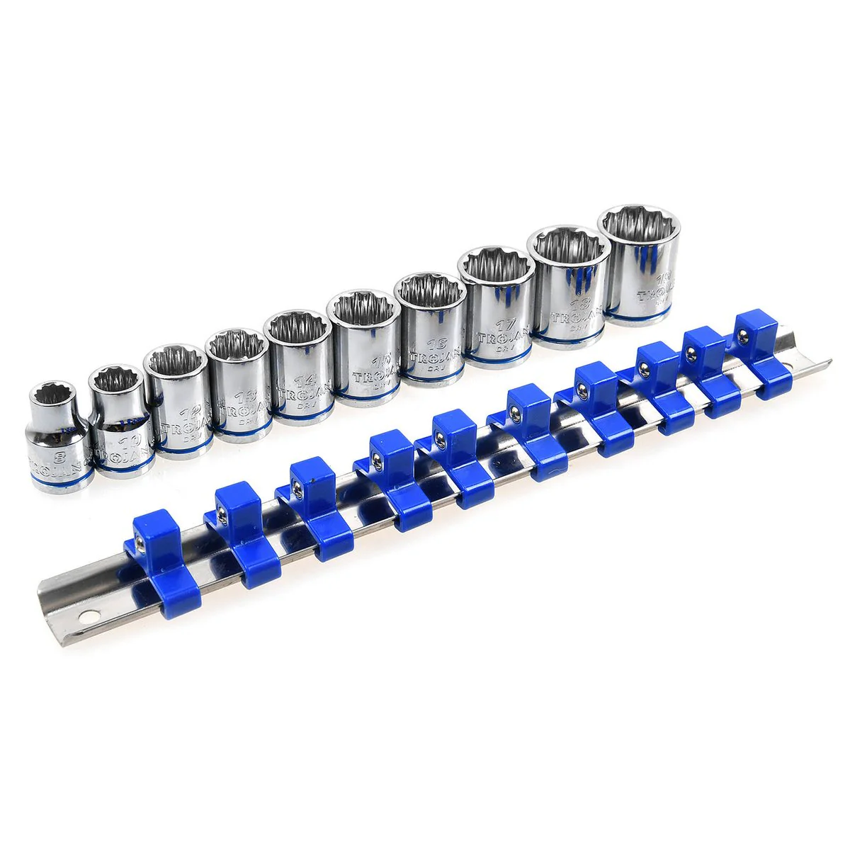Trojan 10 Piece Socket Rail Set 3/8" - Metric Chrome Vanadium Sockets - Image 2