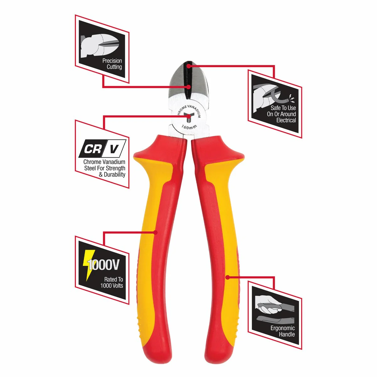 Trojan 160mm Vde Side Cutting Plier - Chrome Vanadium Steel - Red Yellow - Image 3