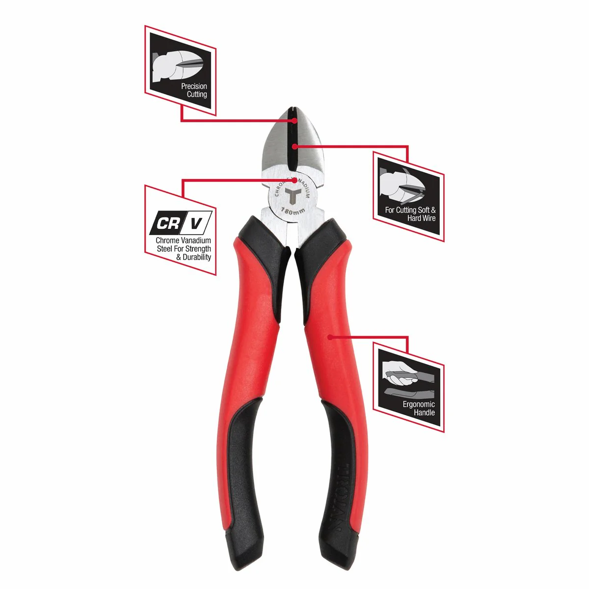 Trojan 180mm Side Cutting Plier - Chrome Vanadium Steel - Red and Black - Image 3