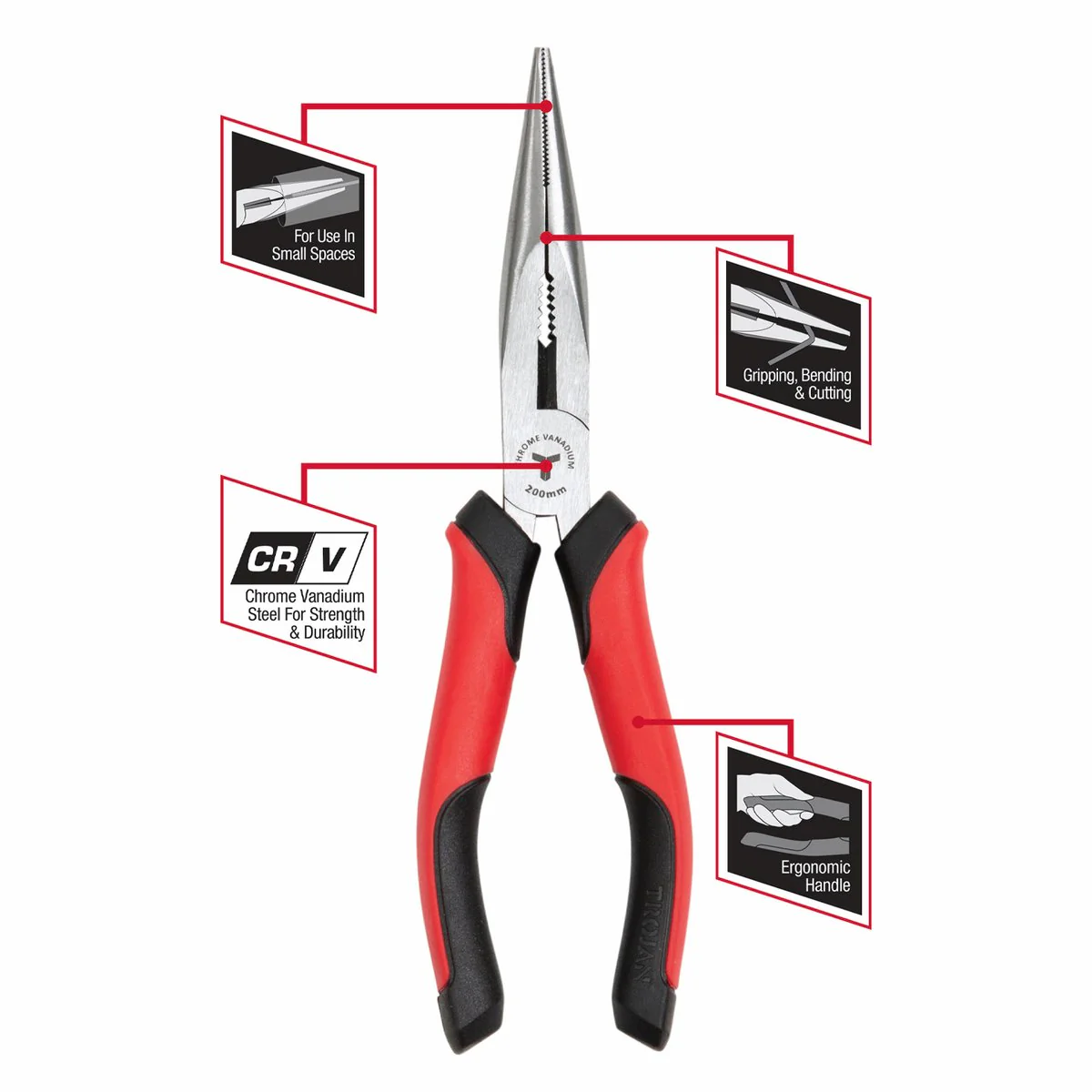 Trojan 200mm Long Nose Plier - Red and Black - Ergonomic Anti-Slip Handles - Image 3
