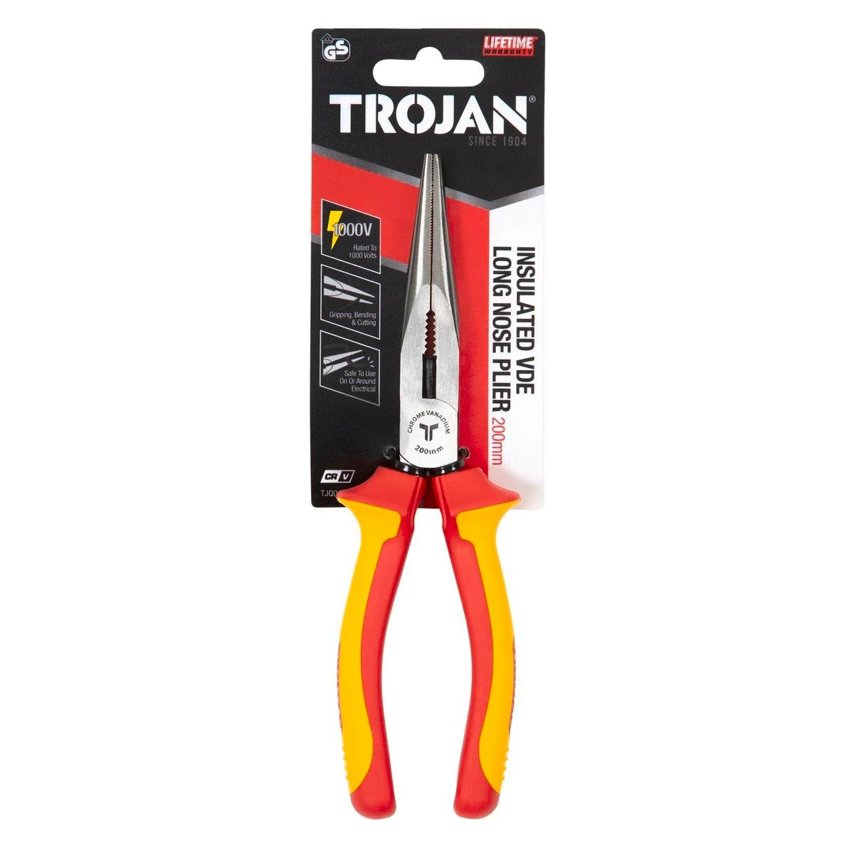Trojan 200mm Vde Long Nose Plier - Red and Black - Ergonomic Handles
