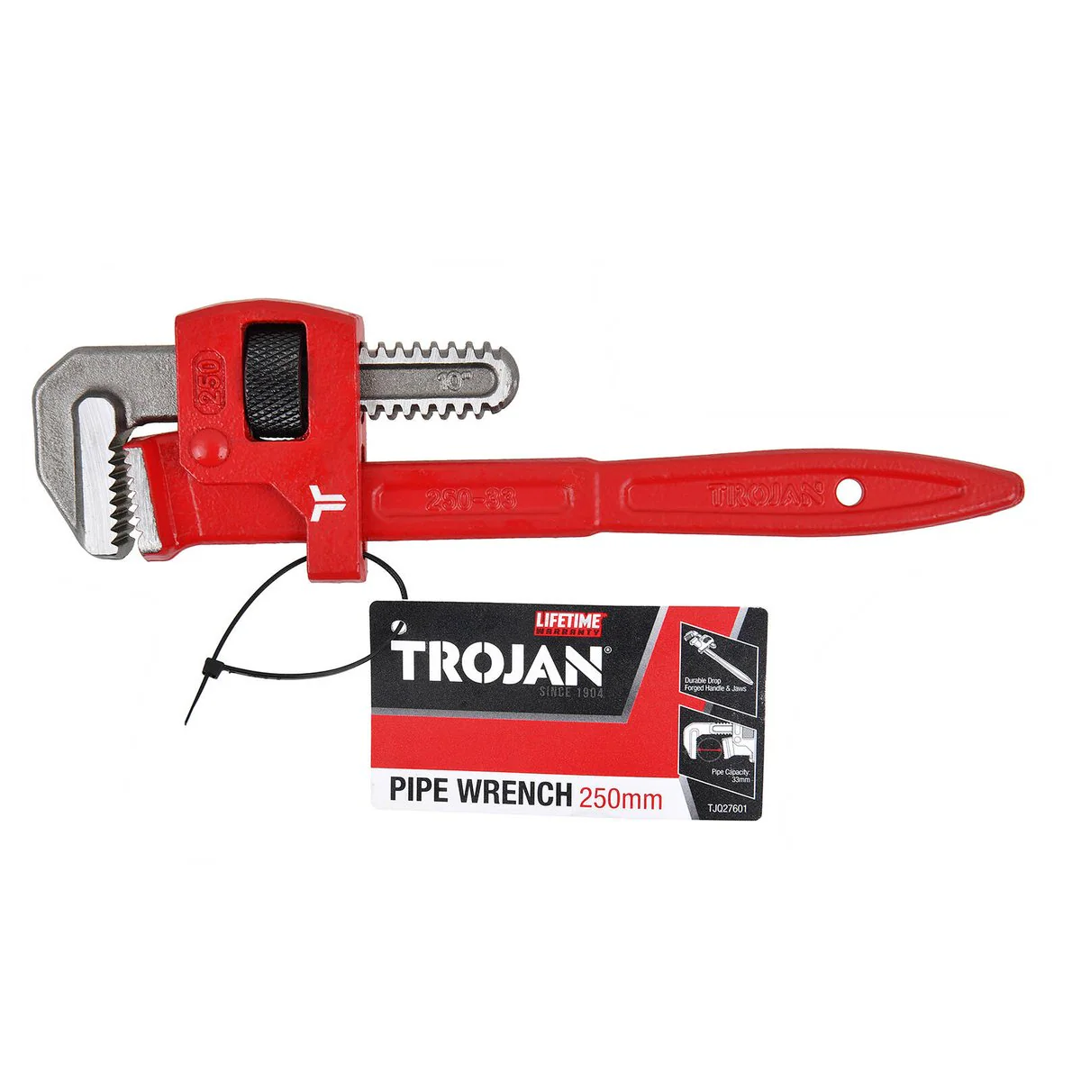 Trojan 250mm Pipe Wrench - Red and Silver - Durable Drop Forged Steel - Image 3