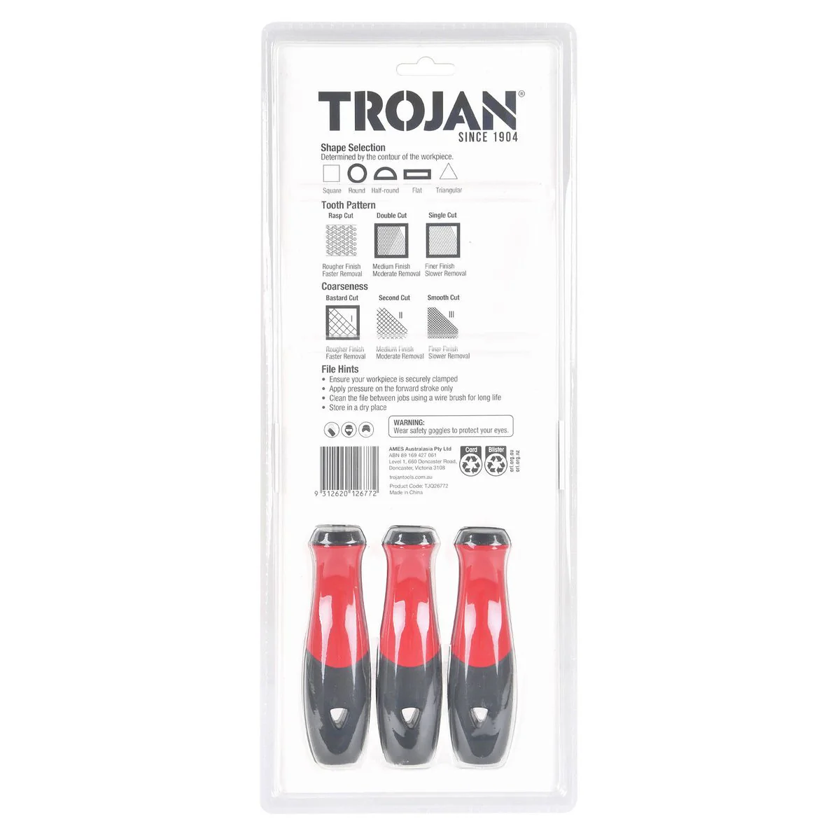 Trojan 3 Piece File Set - 200mm Flat, Half Round & Round Files - Durable Steel - Image 4