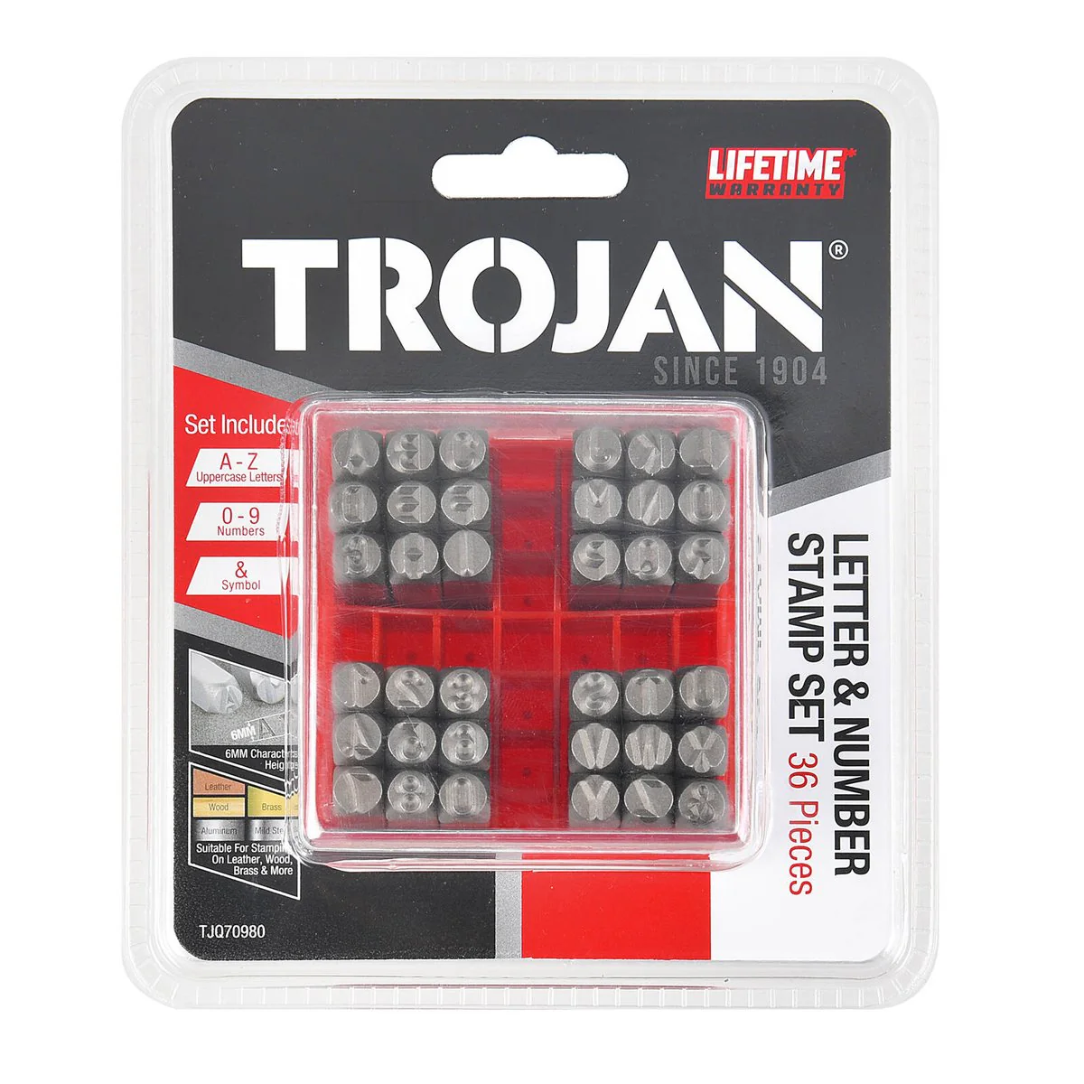 Trojan 36pc Letter Number Stamp Set - 130mm x 130mm x 100mm - Durable Stamps - Image 2