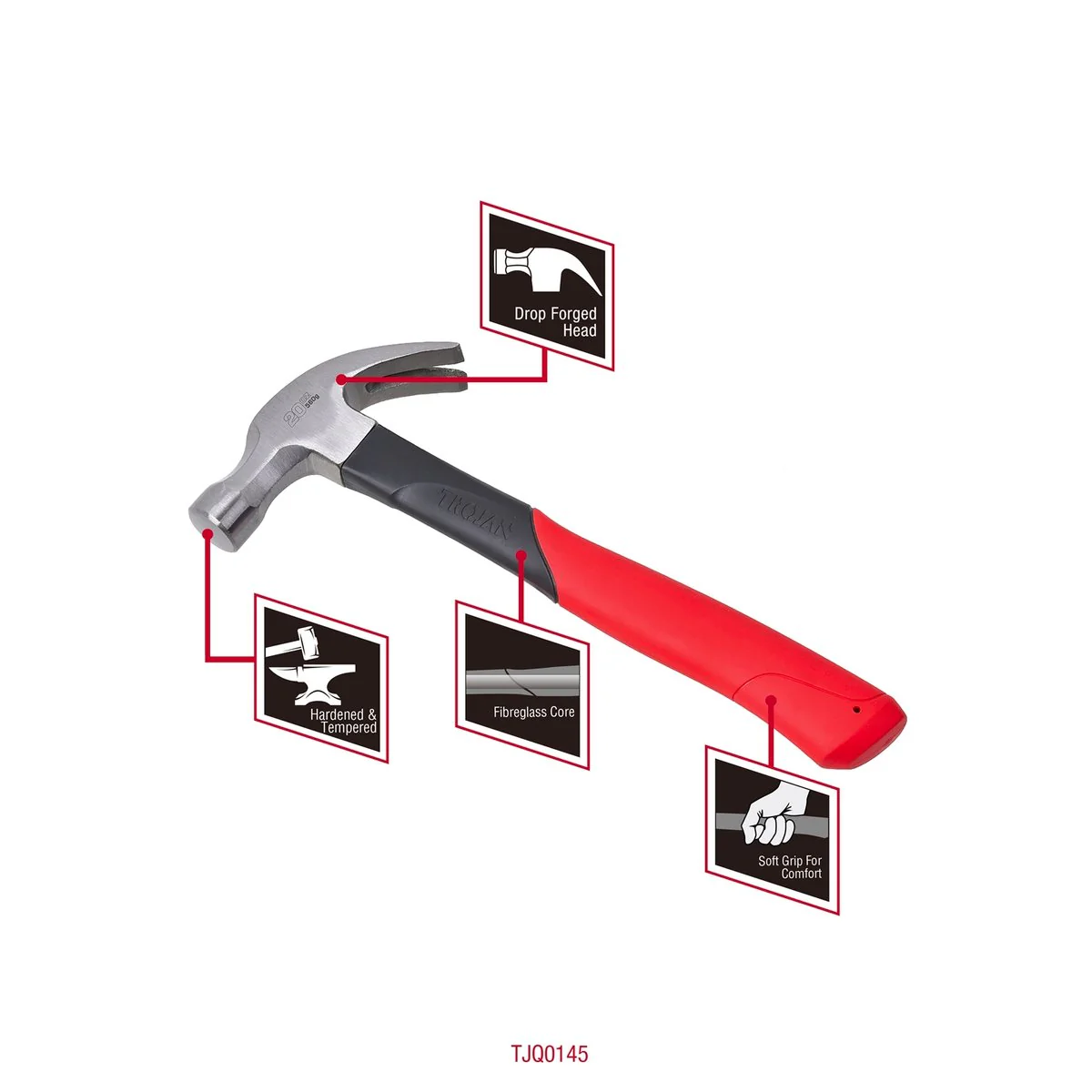 Trojan 20oz Fibreglass Claw Hammer - 570g - Red and Black - Image 5