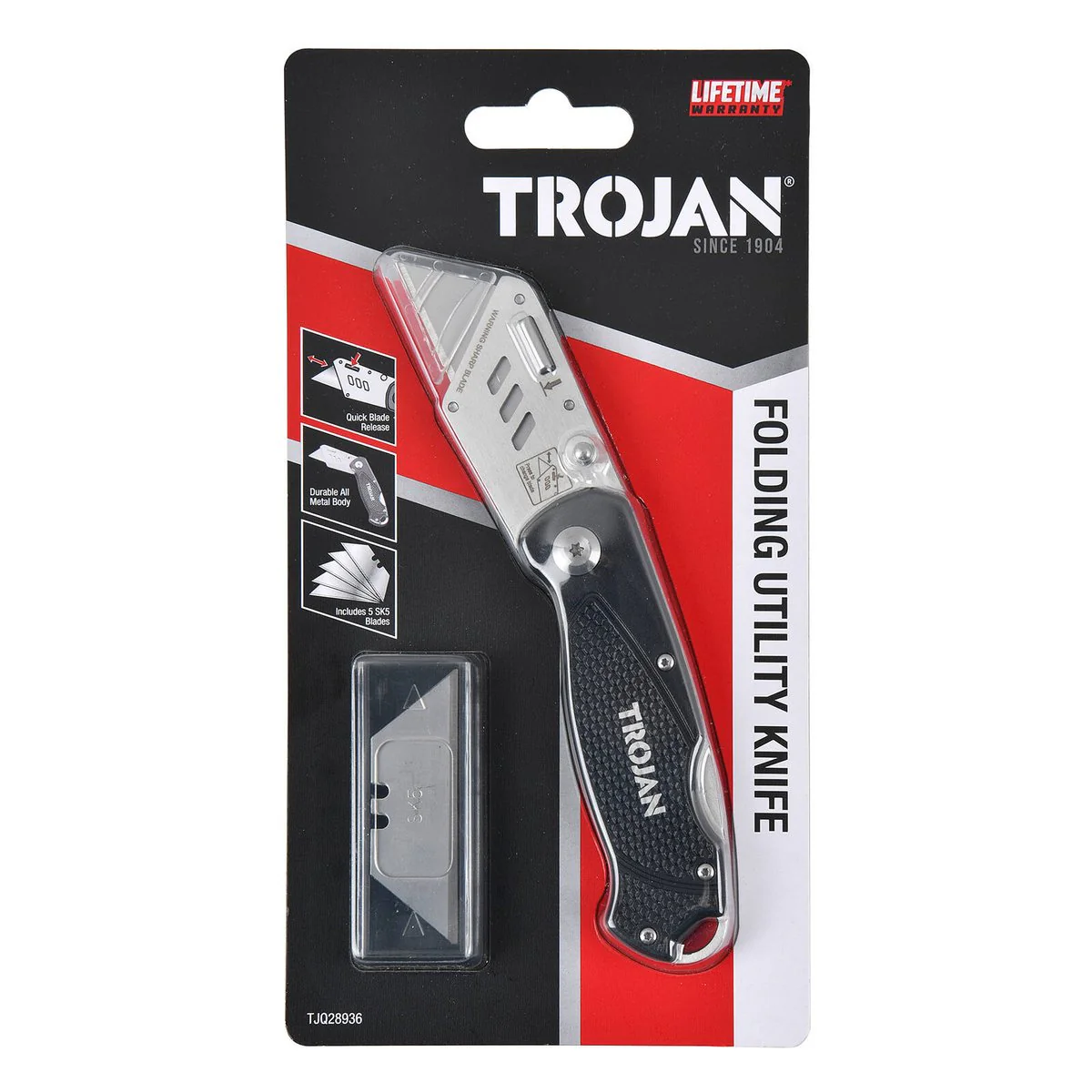 Trojan Folding Utility Knife - Compact Design - 5x SK5 Steel Blades - 150mm x 25mm x 190mm