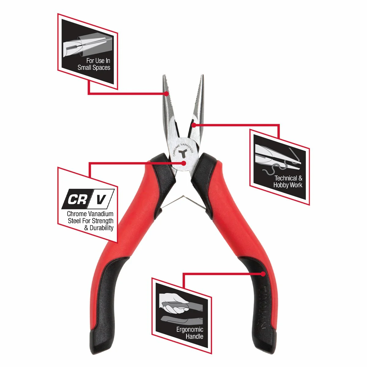 Trojan Mini Long Nose Plier - Chrome Vanadium - 56mm x 125mm - Red and Black - Image 3