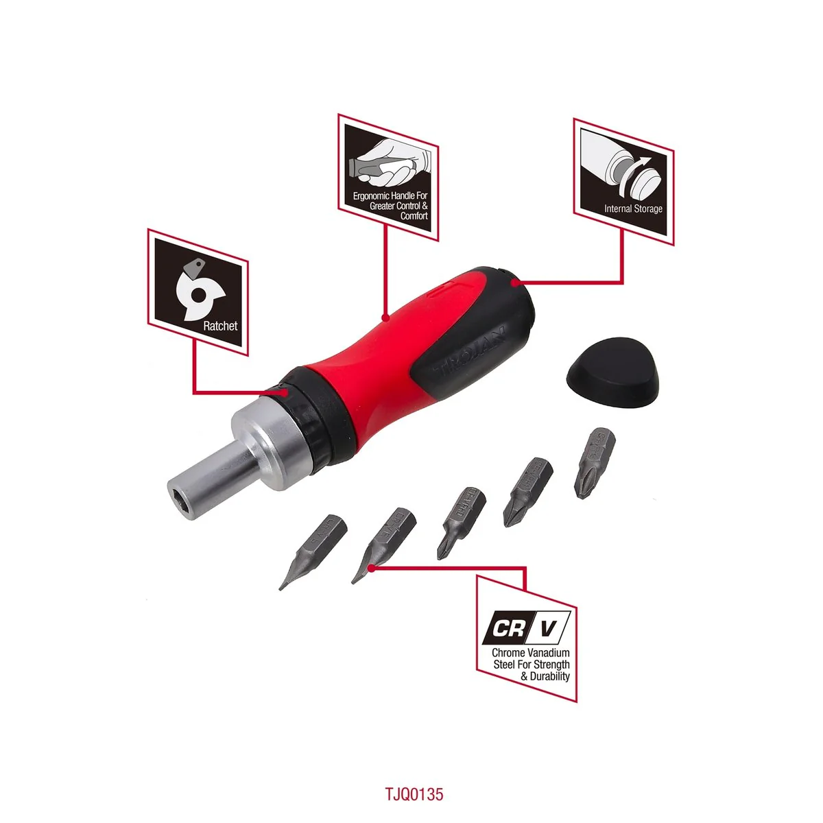 Trojan 6 in 1 Ratchet Screwdriver Stubby - Red and Black - 75mm x 40mm x 190mm - Image 3