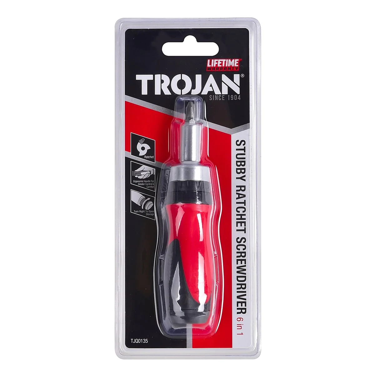 Trojan 6 in 1 Ratchet Screwdriver Stubby - Red and Black - 75mm x 40mm x 190mm - Image 4