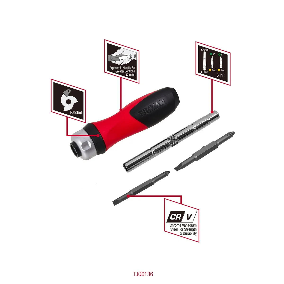 Trojan 6 in 1 Ratcheting Screwdriver - Ergonomic Handle - Red and Black - TJQ0136 - Image 3