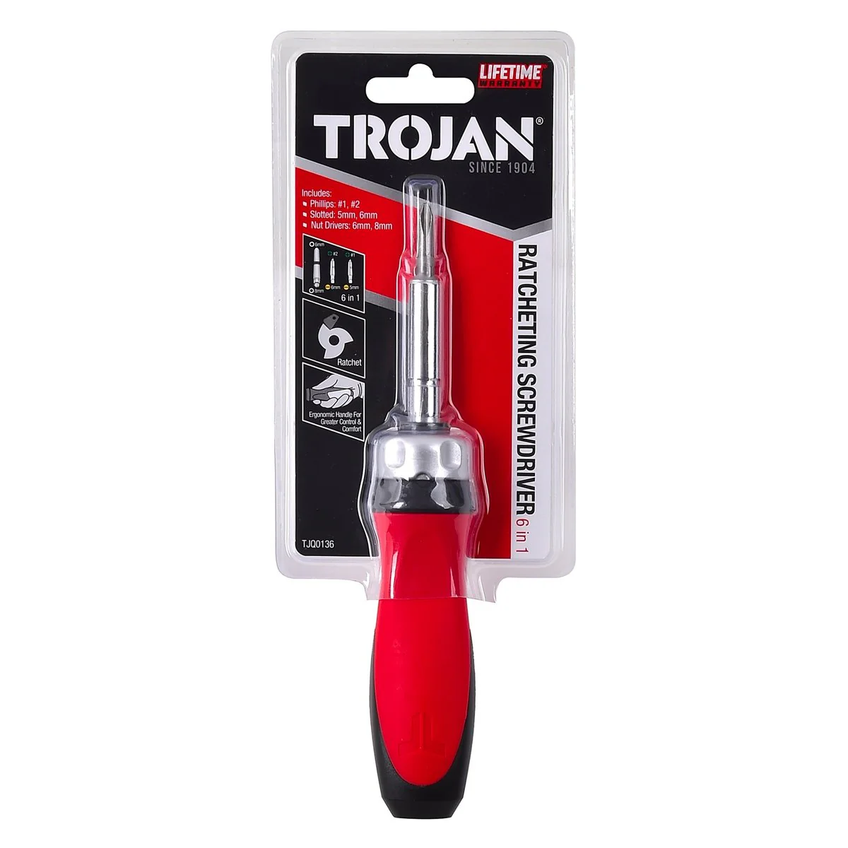 Trojan 6 in 1 Ratcheting Screwdriver - Ergonomic Handle - Red and Black - TJQ0136 - Image 4
