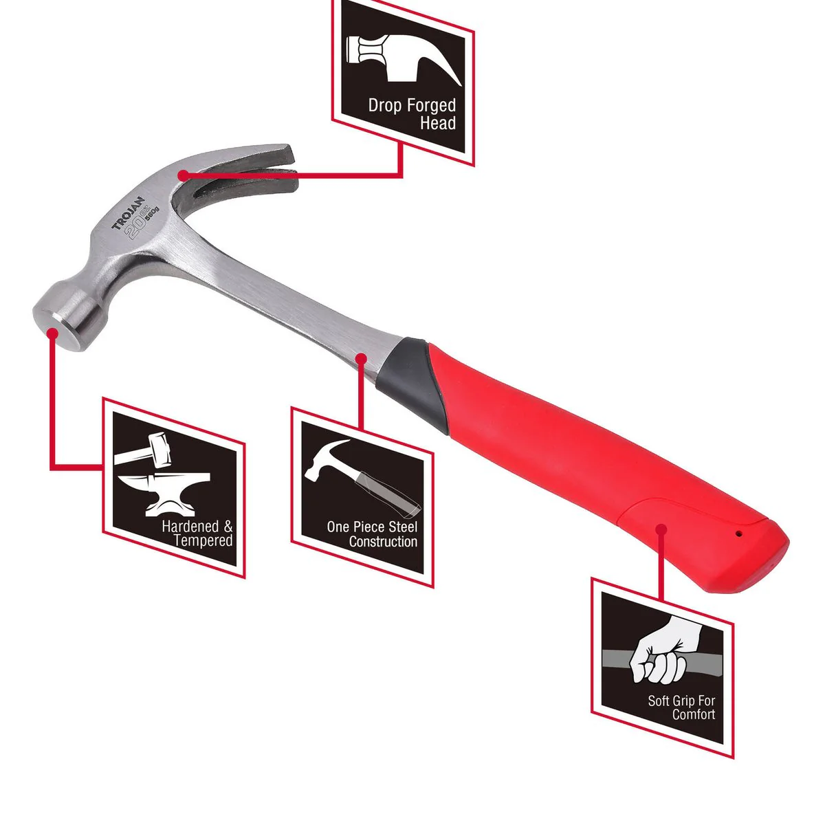 Trojan 20oz Steel Claw Hammer - 560g - Red and Black - Image 3