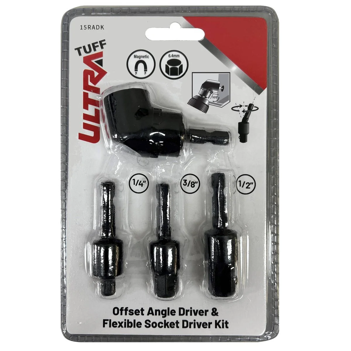 Ultra Tuff Angle Driver & Adjustable Socket Adaptor Kit - 105-Degree - Black