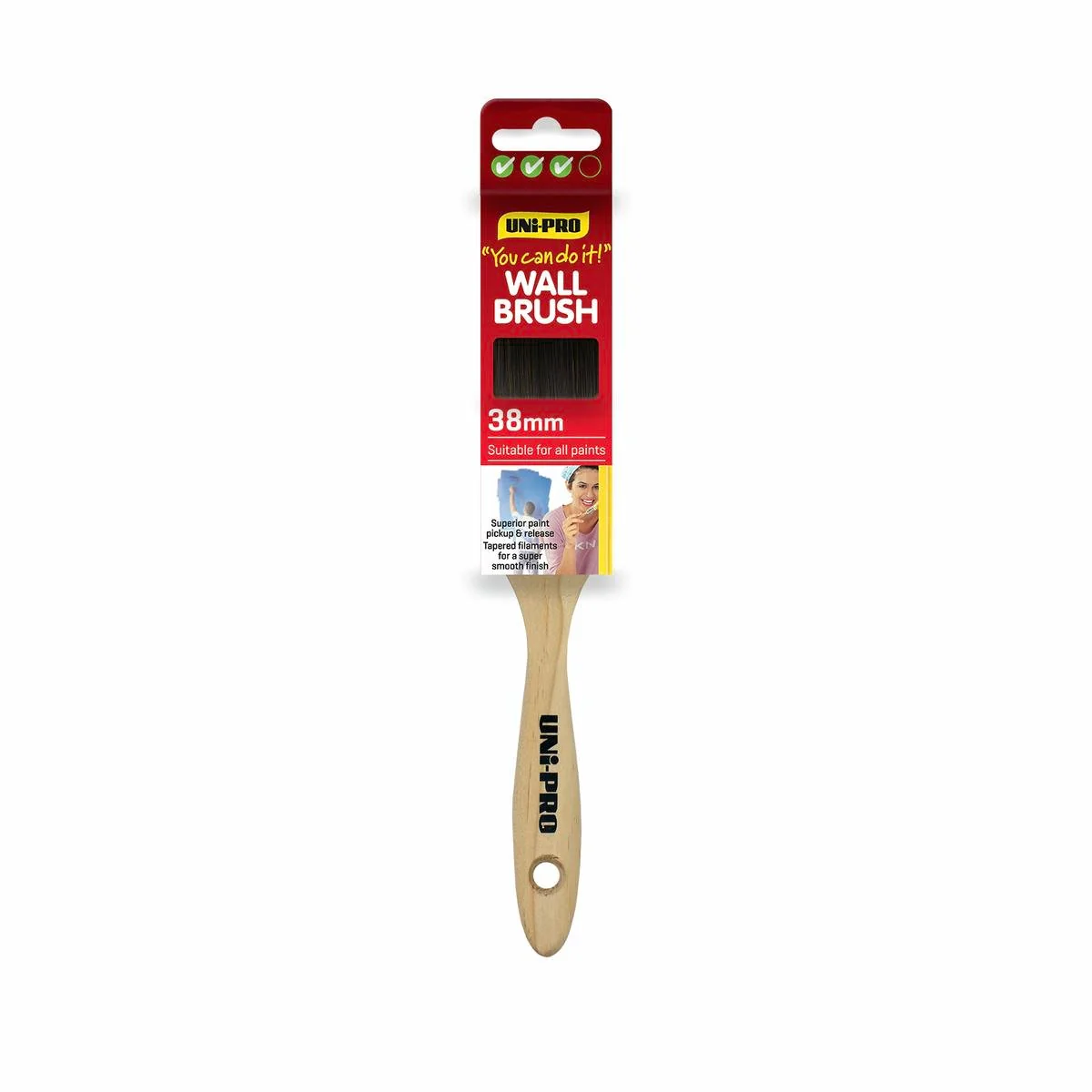 Uni Pro 38mm Synthetic Wall Paint Brush - Timber Handle - Smooth Finish