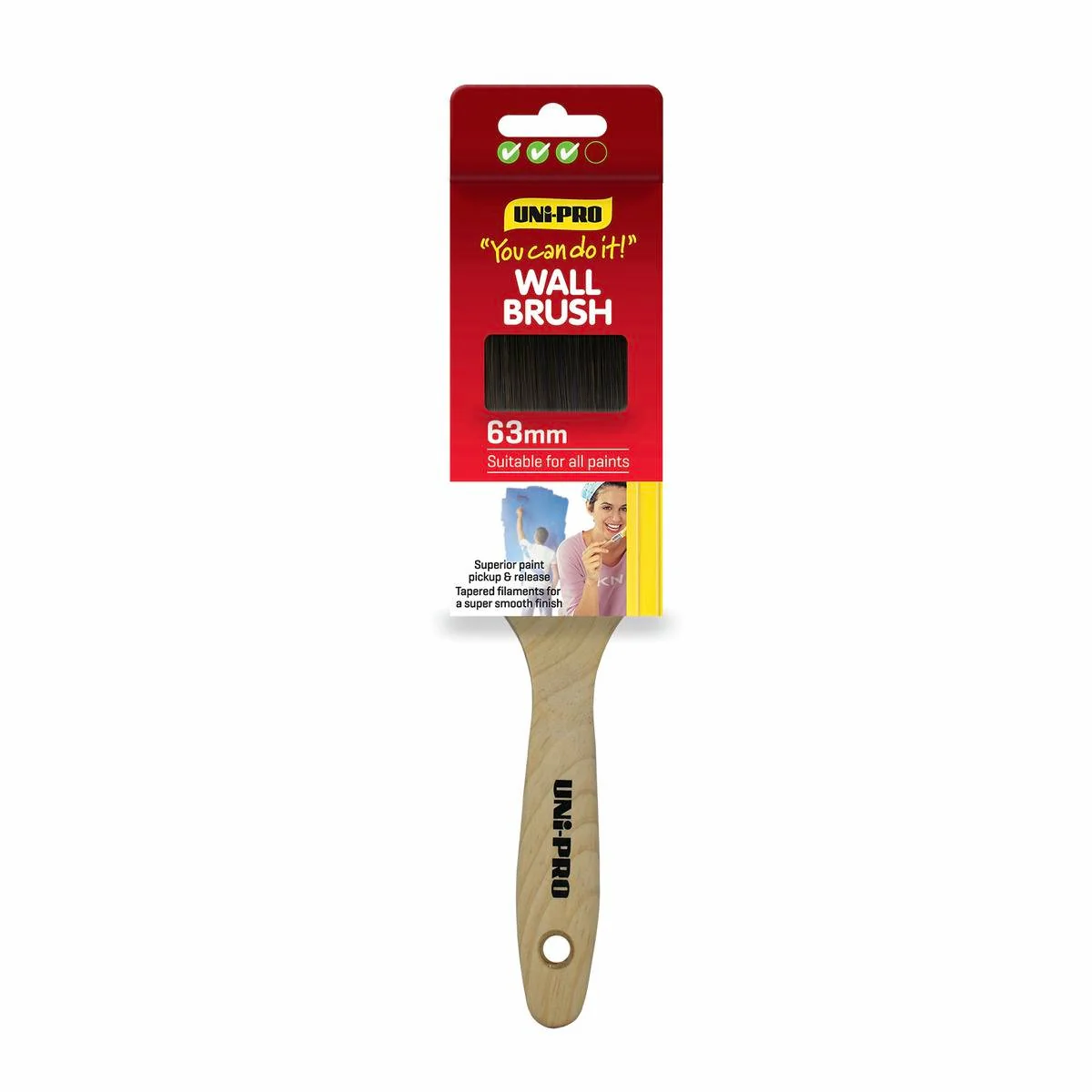 Uni Pro 63mm Synthetic Wall Paint Brush - Timber Handle - Smooth Finish