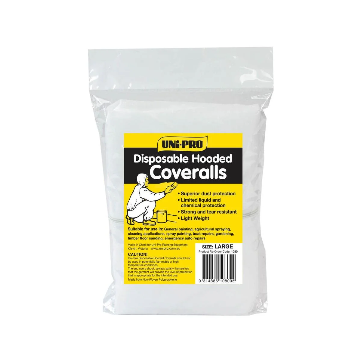 Uni Pro Large Hooded Disposable Coveralls - White - 1 Pack