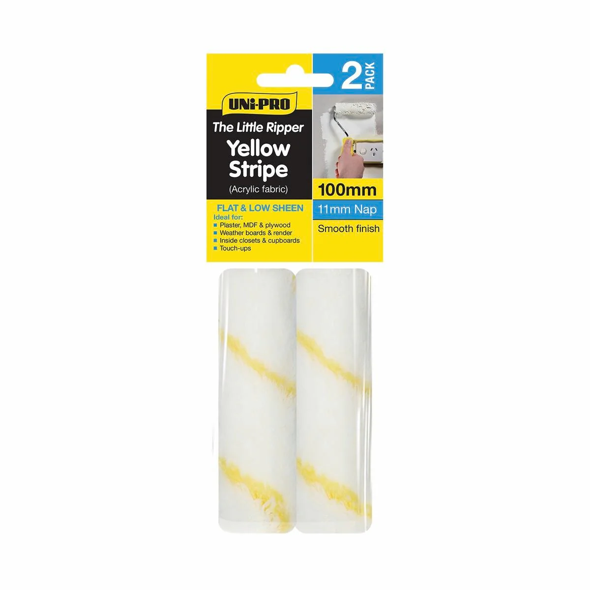 Uni Pro Mini Roller Covers 100mm Acrylic Yellow Stripe 2 Pack
