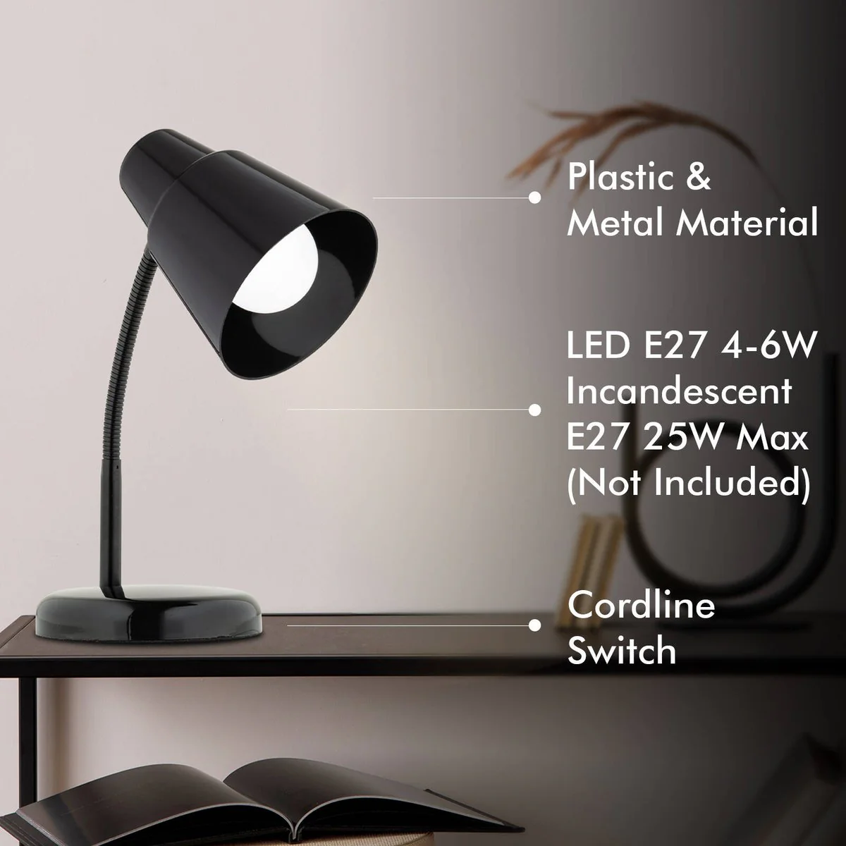 Verve Design Black Brylee Desk Lamp - Adjustable Gooseneck - 135mm x 340mm - Image 4
