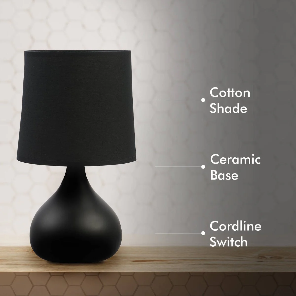 Verve Design Black Dala Table Lamp - Ceramic - 140mm x 250mm - In-line Switch - Image 4