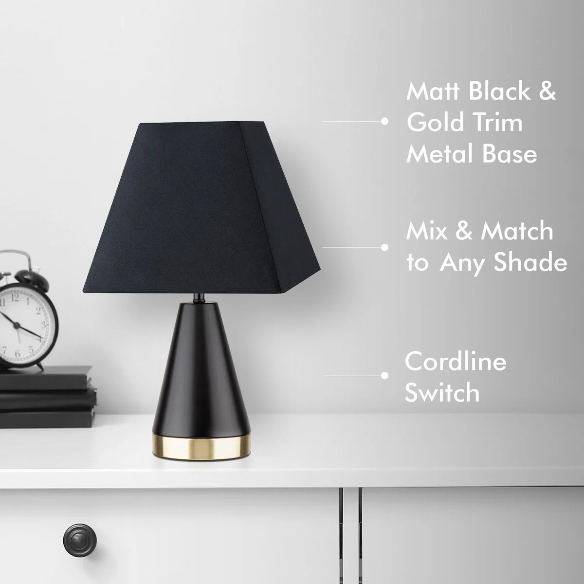 Verve Design Jessica Lamp Base - Matte Black with Gold Trim - 120mm x 280mm - Versatile Customisation - Image 2