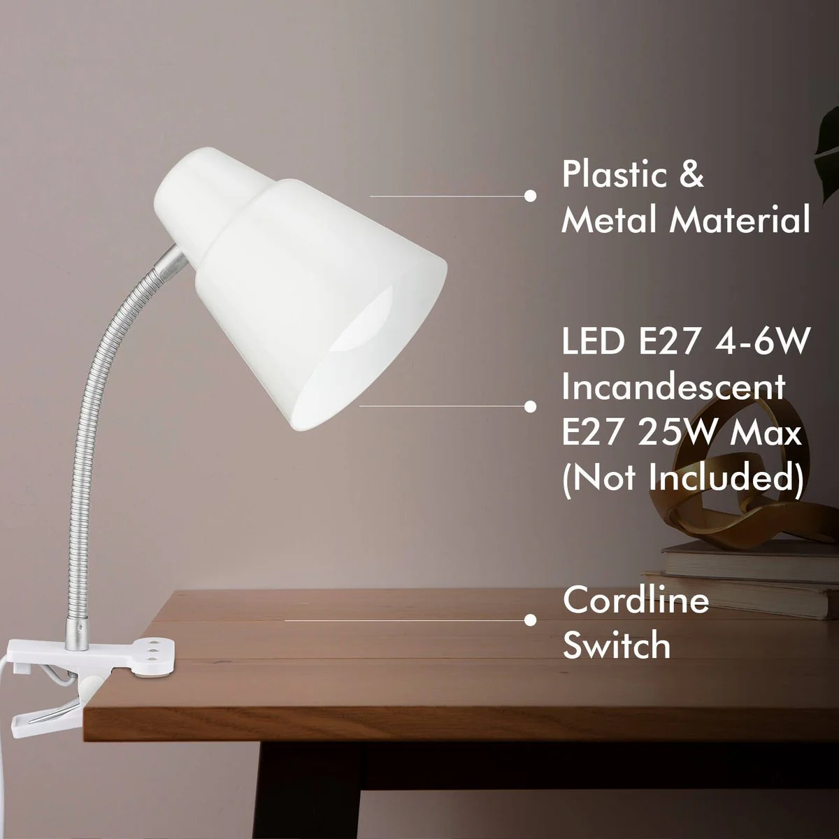 Verve Design White Brylee Clamp Lamp - Adjustable Gooseneck - 135mm x 340mm - Image 3