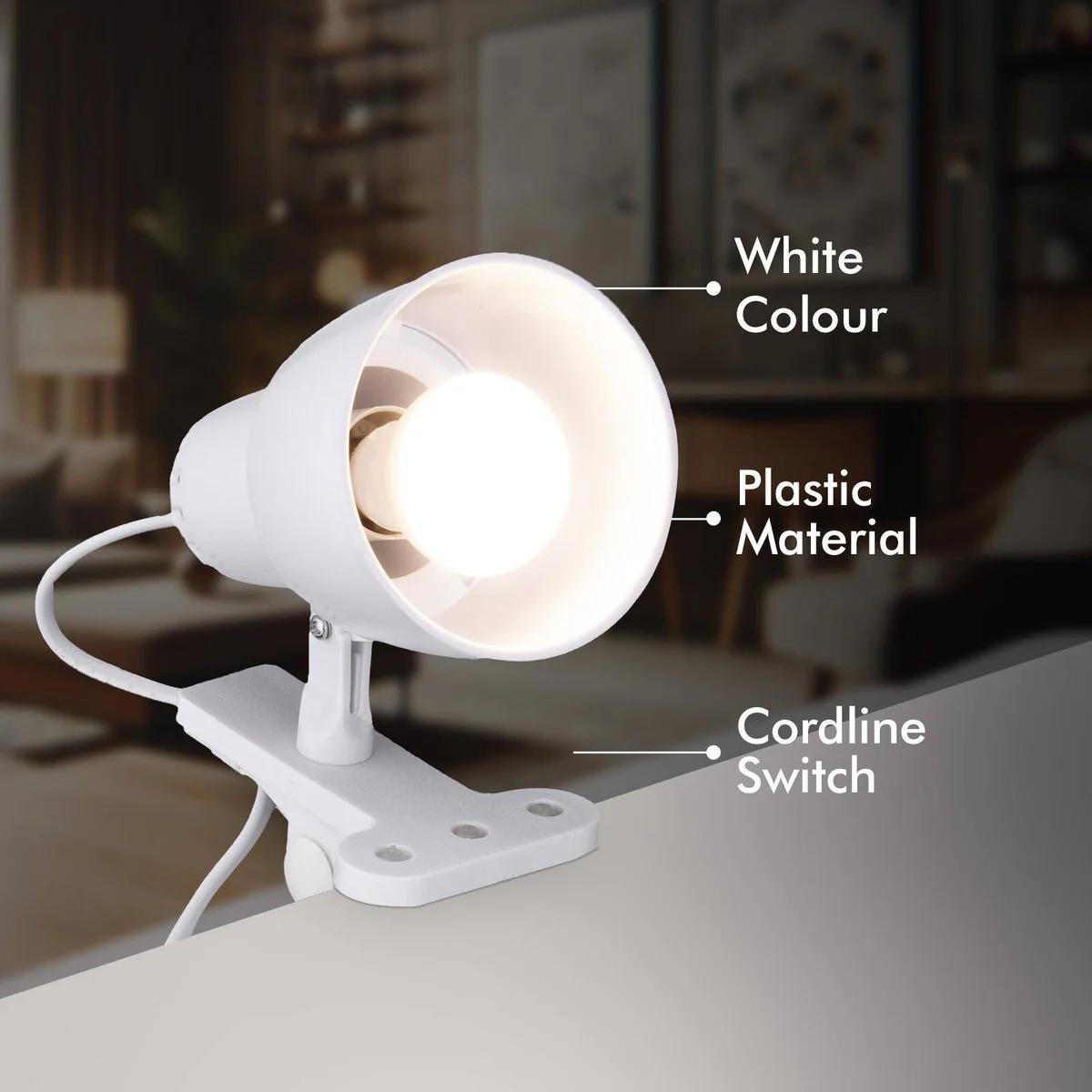 Verve Design White Cassy Clip Lamp - Adjustable Head - Inline Switch - 1.5m Cord - Image 4