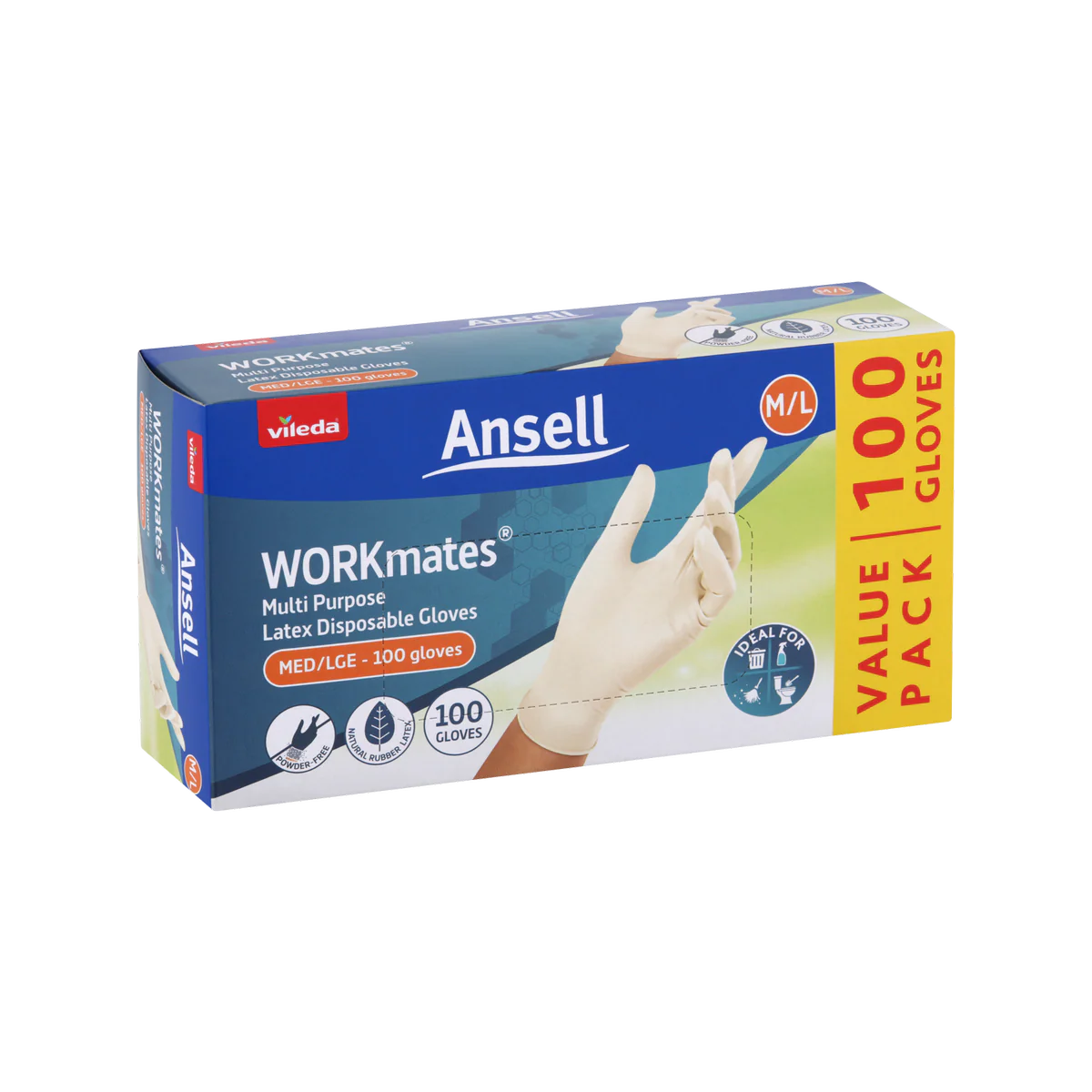 Vileda Ansell Workmates Latex Disposable Gloves 100pk Medium Large - Powder-Free - Hygienic Protection - Soft Natural Rubber Latex