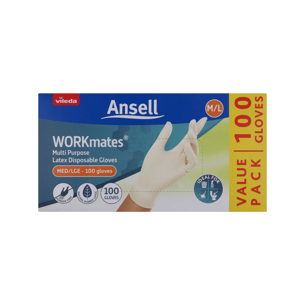 Vileda Ansell Workmates Latex Disposable Gloves 100pk Medium Large - Powder-Free - Hygienic Protection - Soft Natural Rubber Latex - Image 3