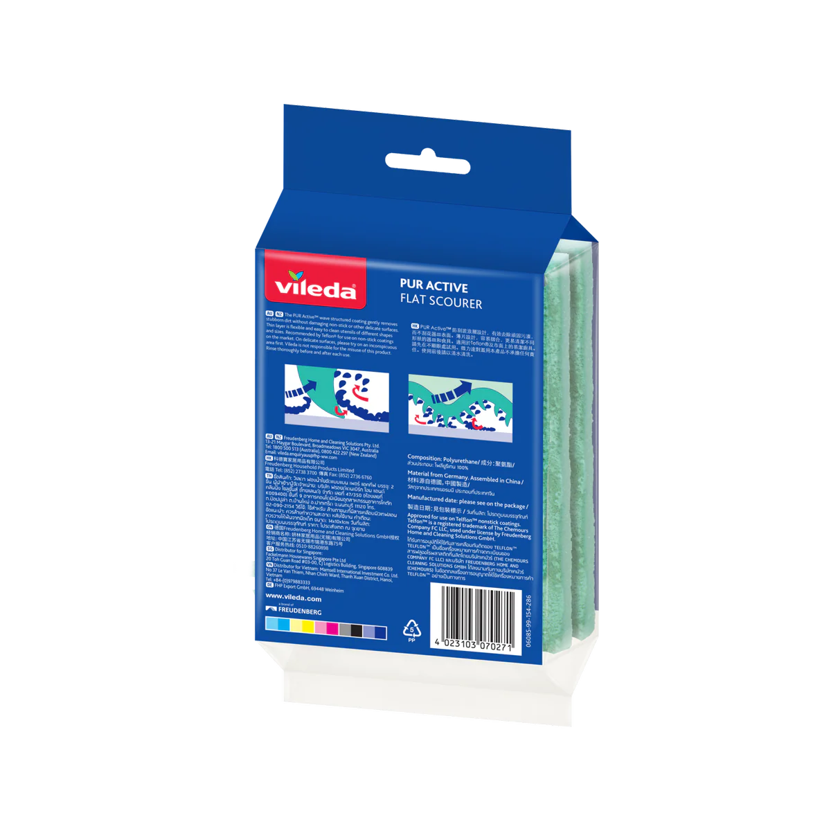 Vileda Pur Active Non Scratch Flat Scourer 2 Pack - 105mm x 210mm - Safe for Non-Stick Cookware - Image 2