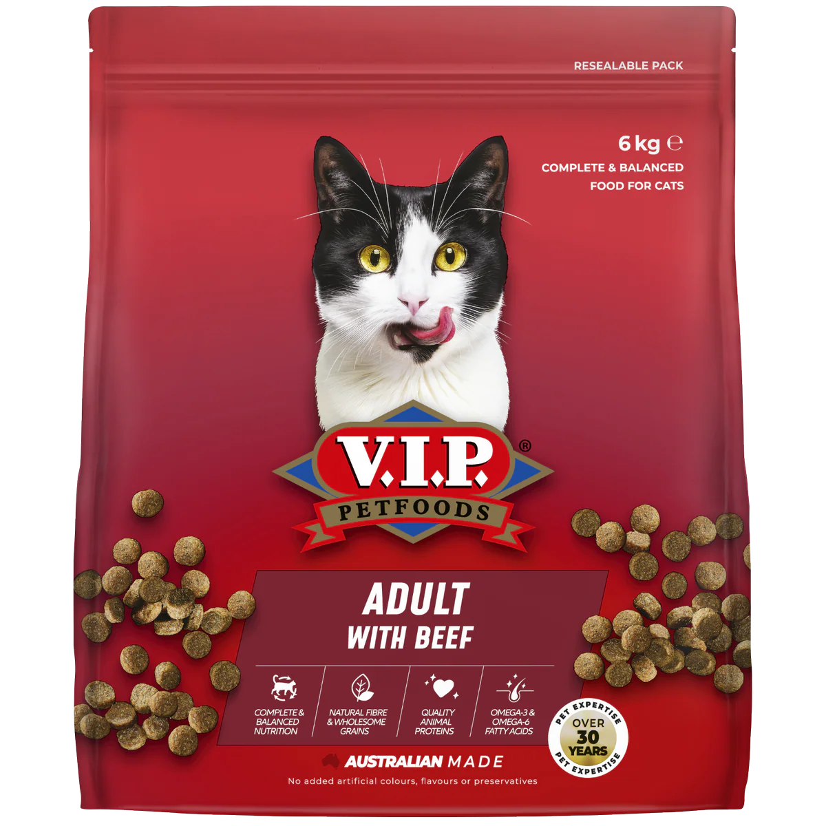 Vip 6kg Beef Dry Cat Food - Complete Nutrition for Adult Cats - Australian Made