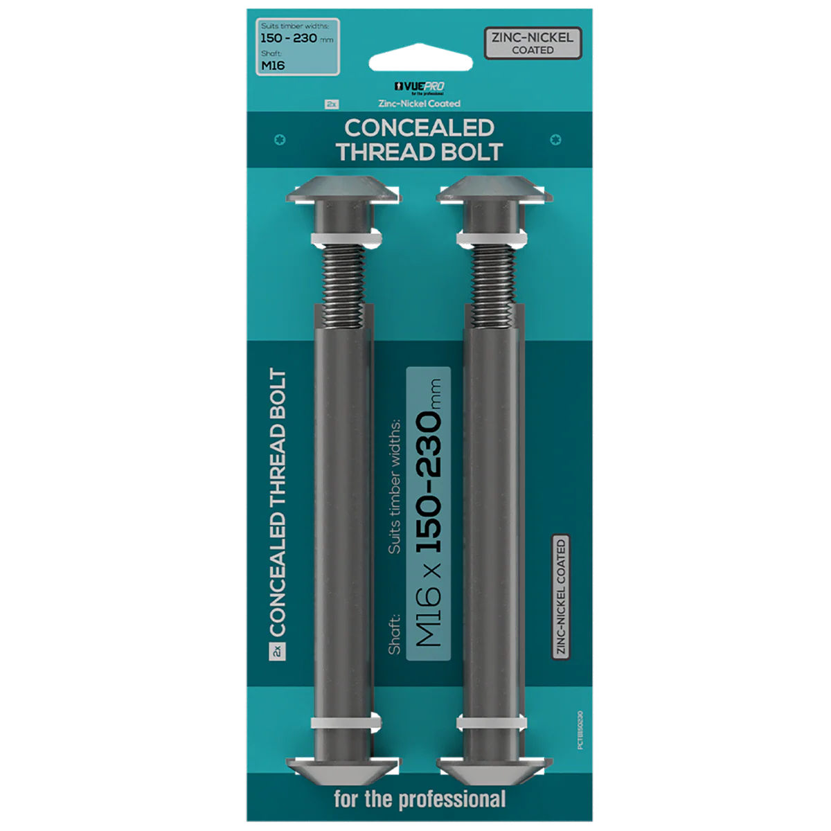 Vuepro M16 Concealed Thread Bolt 2 Pack - 150mm x 230mm - Strong & Easy Install