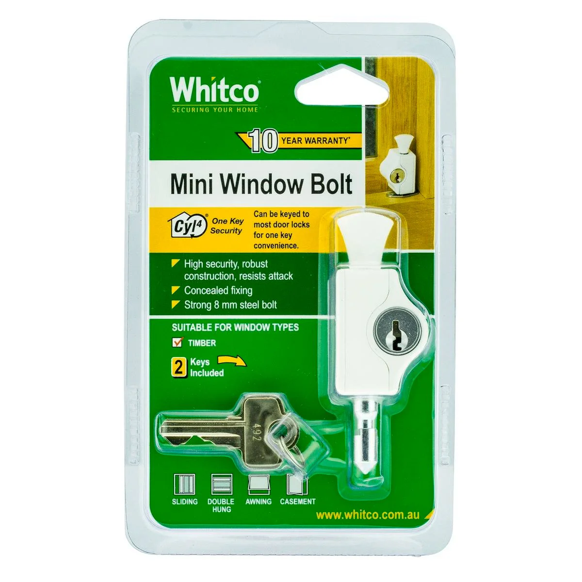 Whitco CYL4 Mini Bolt Lock - White - High-Security Window Lock