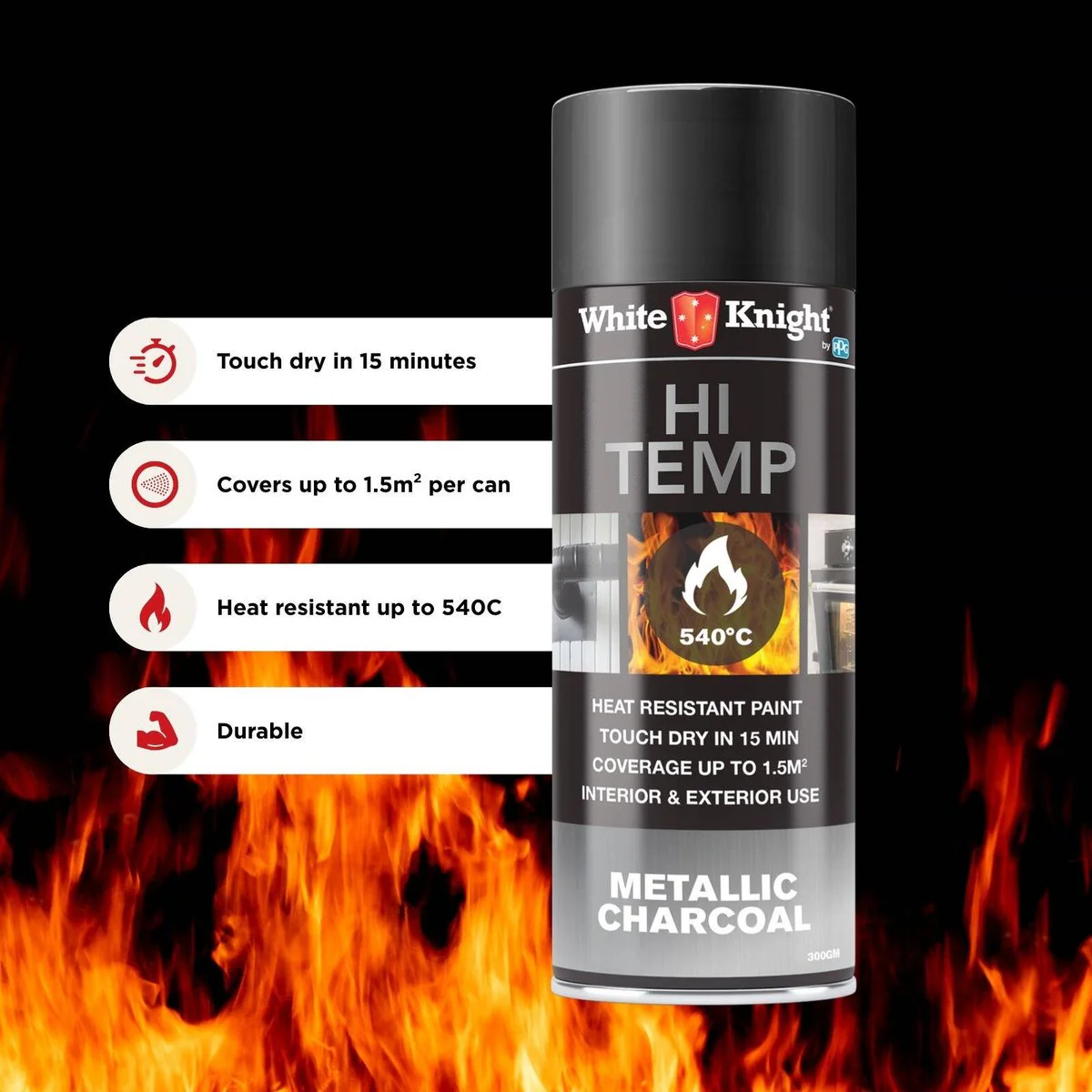 White Knight Hi Temp Spray Paint - 300g - Metallic Charcoal- Solvent Based - Heat Resistant - Image 2