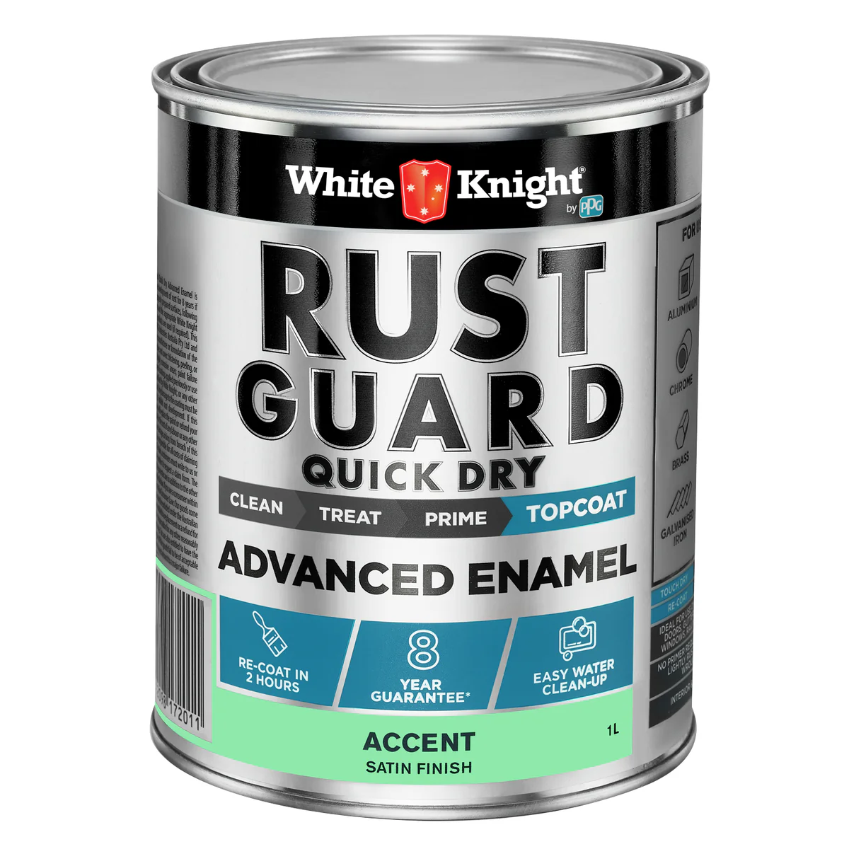 White Knight Rust Guard 1L Accent Satin Enamel Paint - Quick Dry - Metal Protection