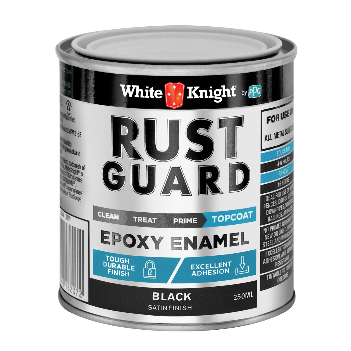 White Knight Rust Guard 250ml Black Satin Epoxy Enamel Paint - UV Resistant - Durable Metal Protection