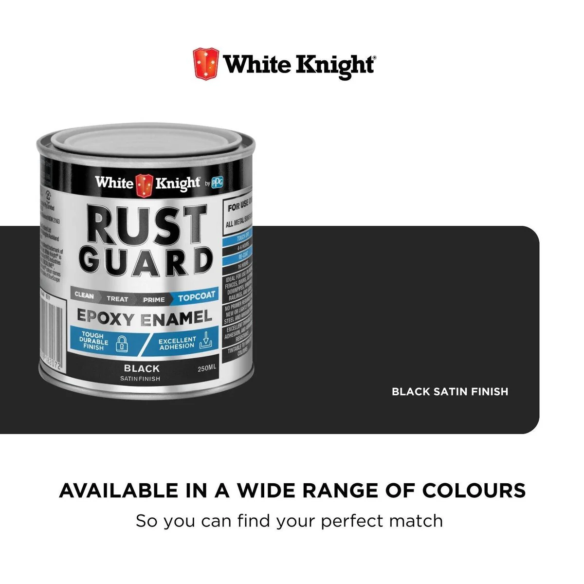 White Knight Rust Guard 250ml Black Satin Epoxy Enamel Paint - UV Resistant - Durable Metal Protection - Image 4