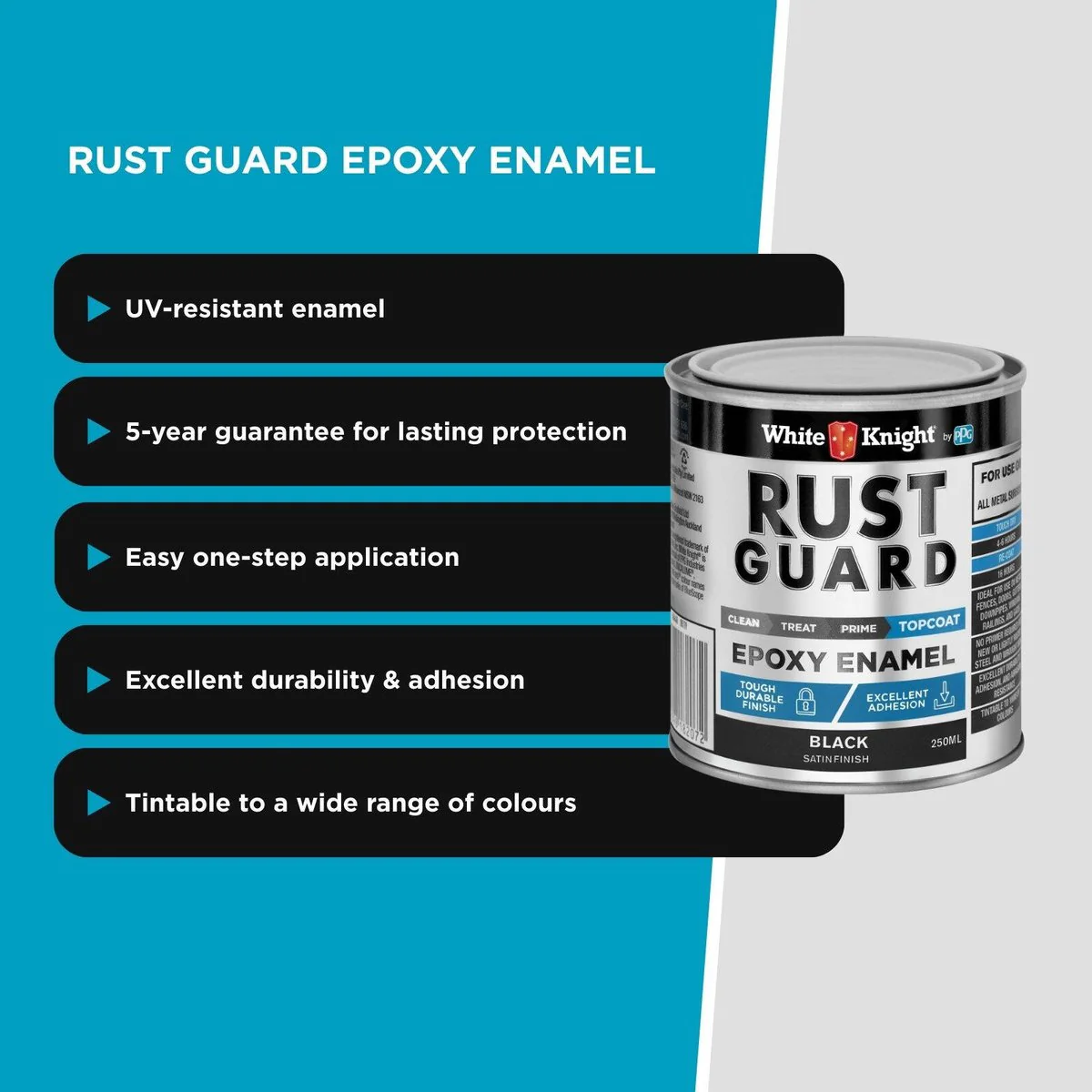 White Knight Rust Guard 250ml Black Satin Epoxy Enamel Paint - UV Resistant - Durable Metal Protection - Image 5