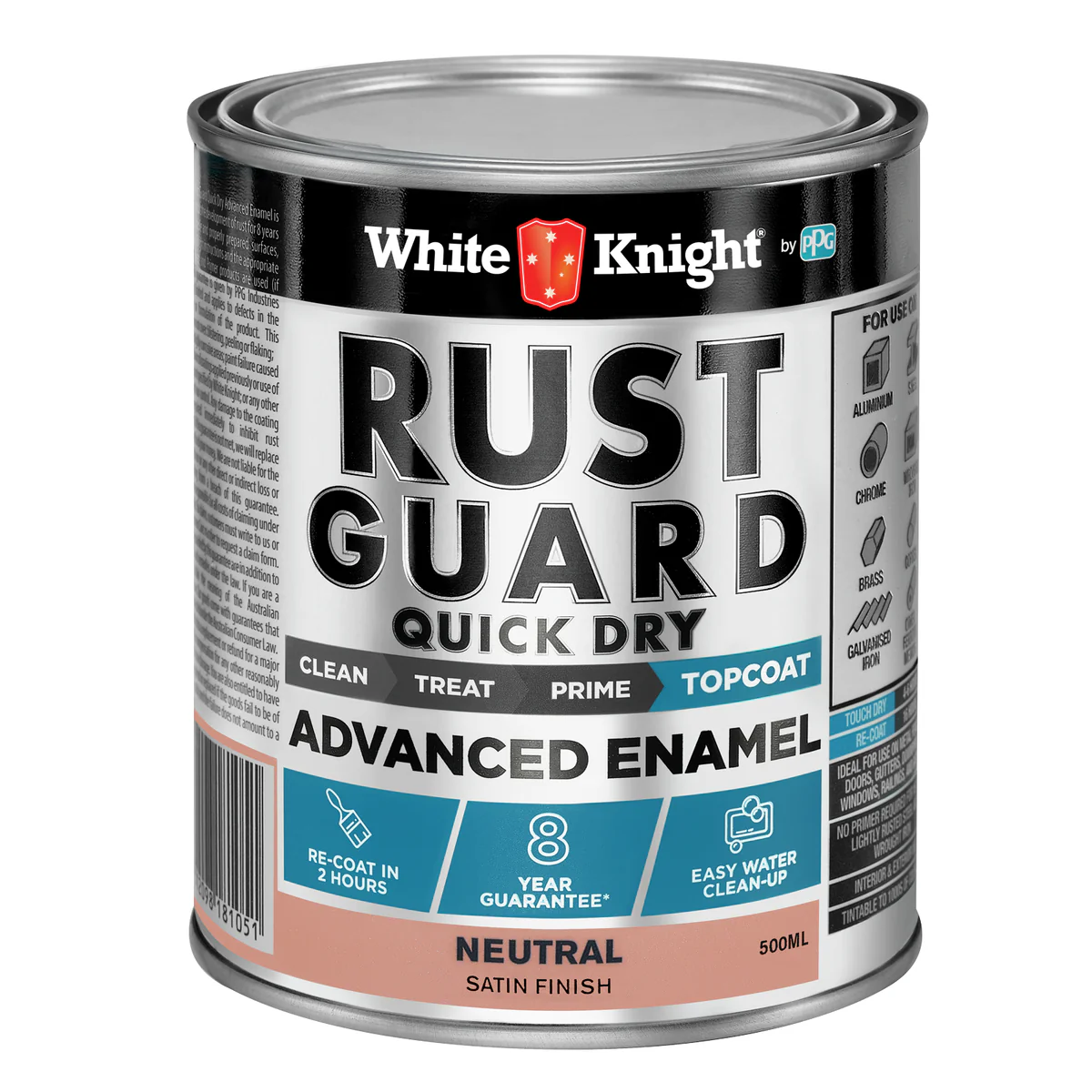 White Knight Rust Guard 500ml Advanced Enamel Paint - Neutral Satin - Quick Dry - 0.5L