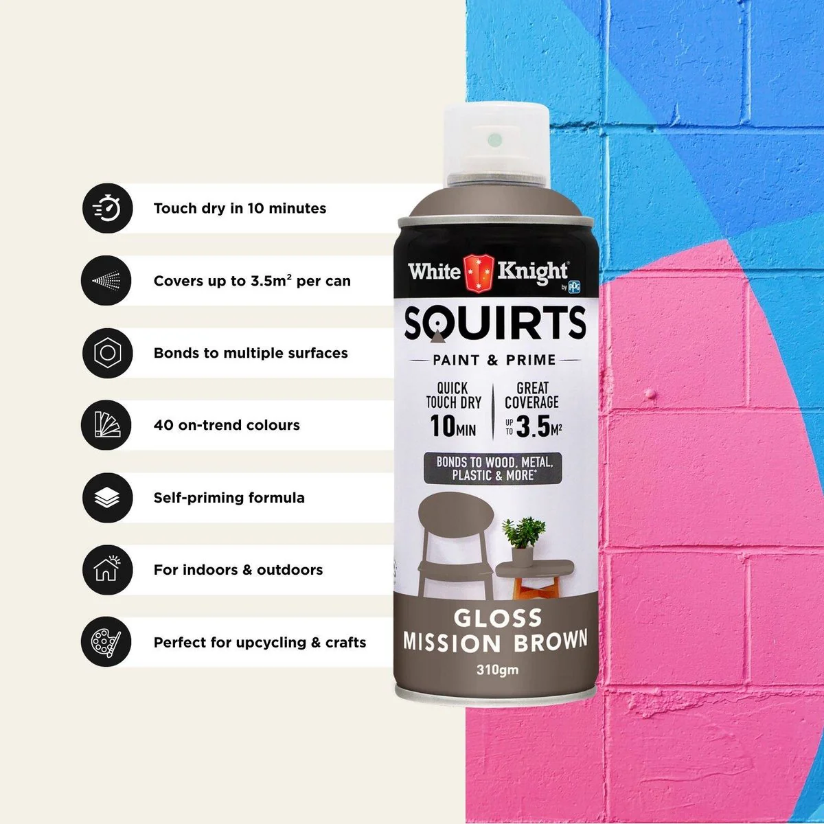 White Knight Squirts Spray Paint - 310g - Mission Brown - Gloss - Solvent Based - Image 5