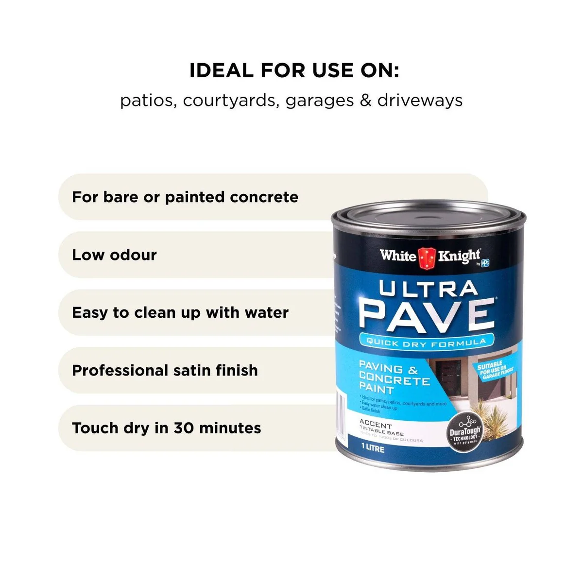 White Knight Ultra Pave Concrete Paint - 1L Accent - Quick Dry - Satin Finish - Image 4