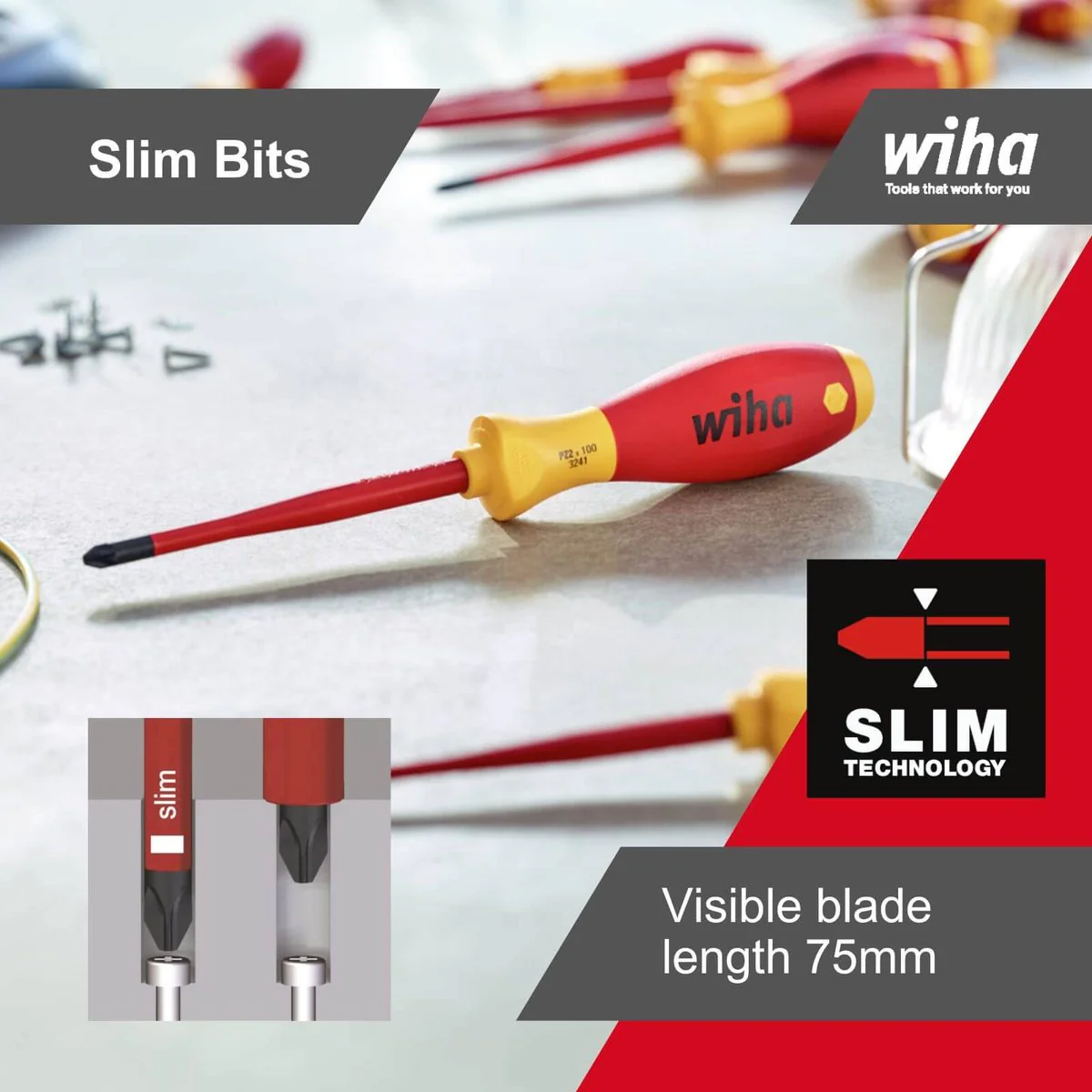 Wiha Flat Screwdriver - 2.5 x 75mm - Chrome-Vanadium Steel - Insulated - Image 4