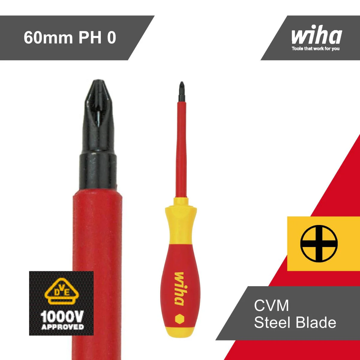 Wiha PH No 0 VDE Softfinish Insulated Phillips Screwdriver 60mm Yellow/Red - Image 4