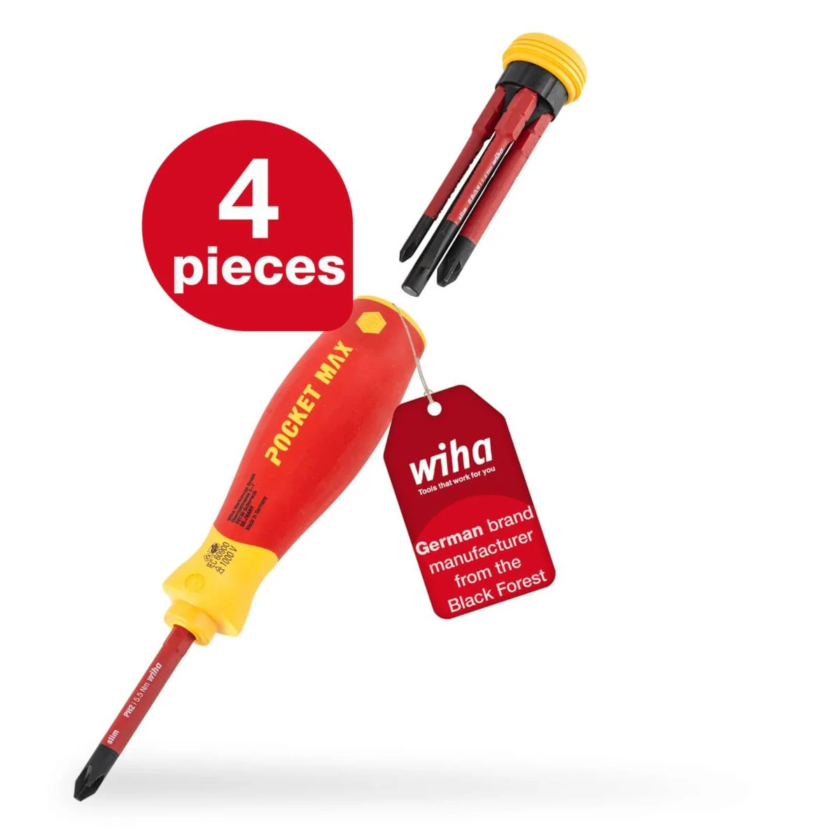 Wiha PocketMax Electric Screwdriver Bit Magazine - 4 SlimBits - VDE Insulated - 75 mm - Yellow/Red - Image 3