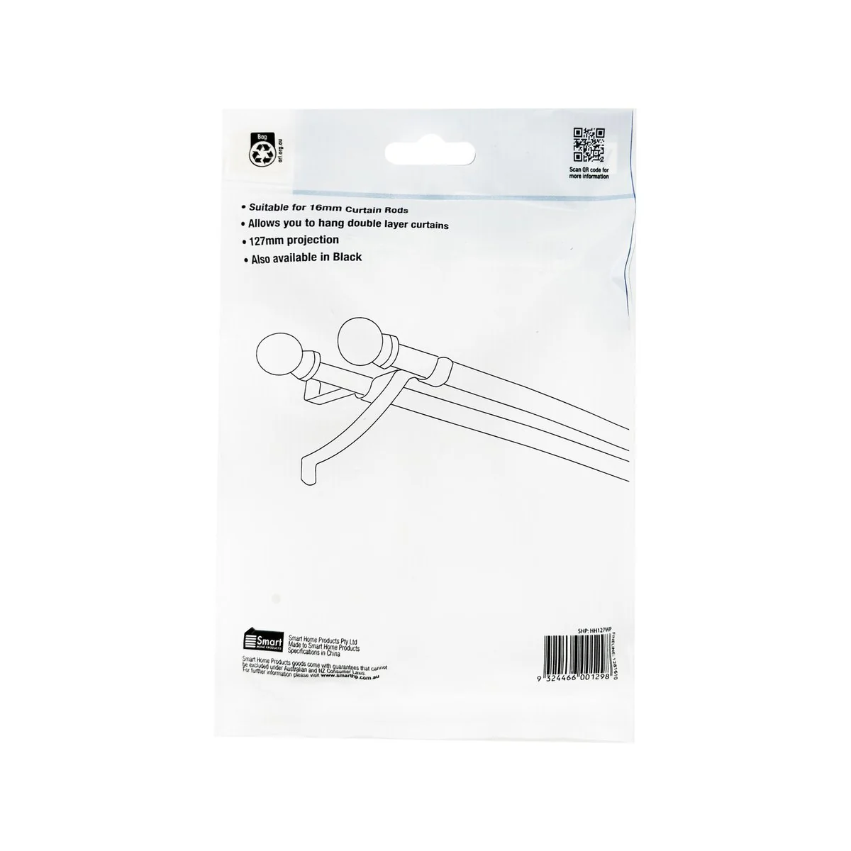 Windoware Double Stayed Curtain Rod Bracket 2 Pack - White - 127mm - Image 5